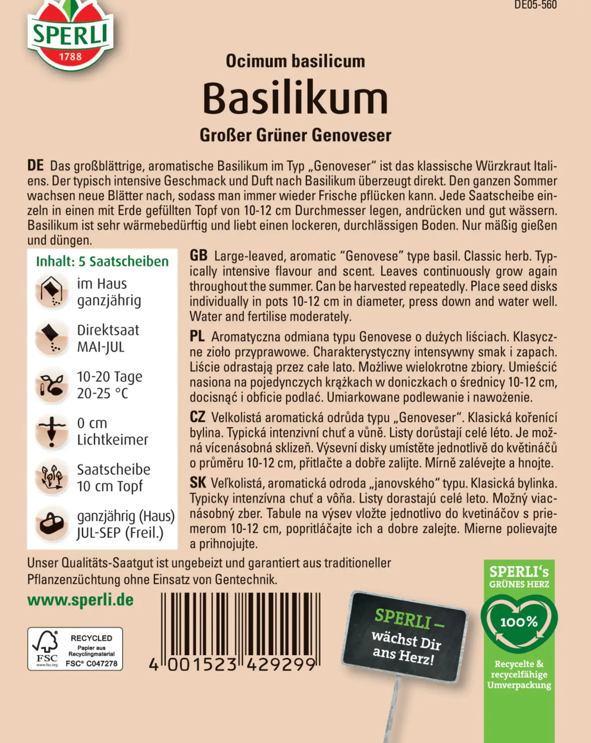 Sperli Basilikum Grosses Grünes Genoveser Saatscheibe