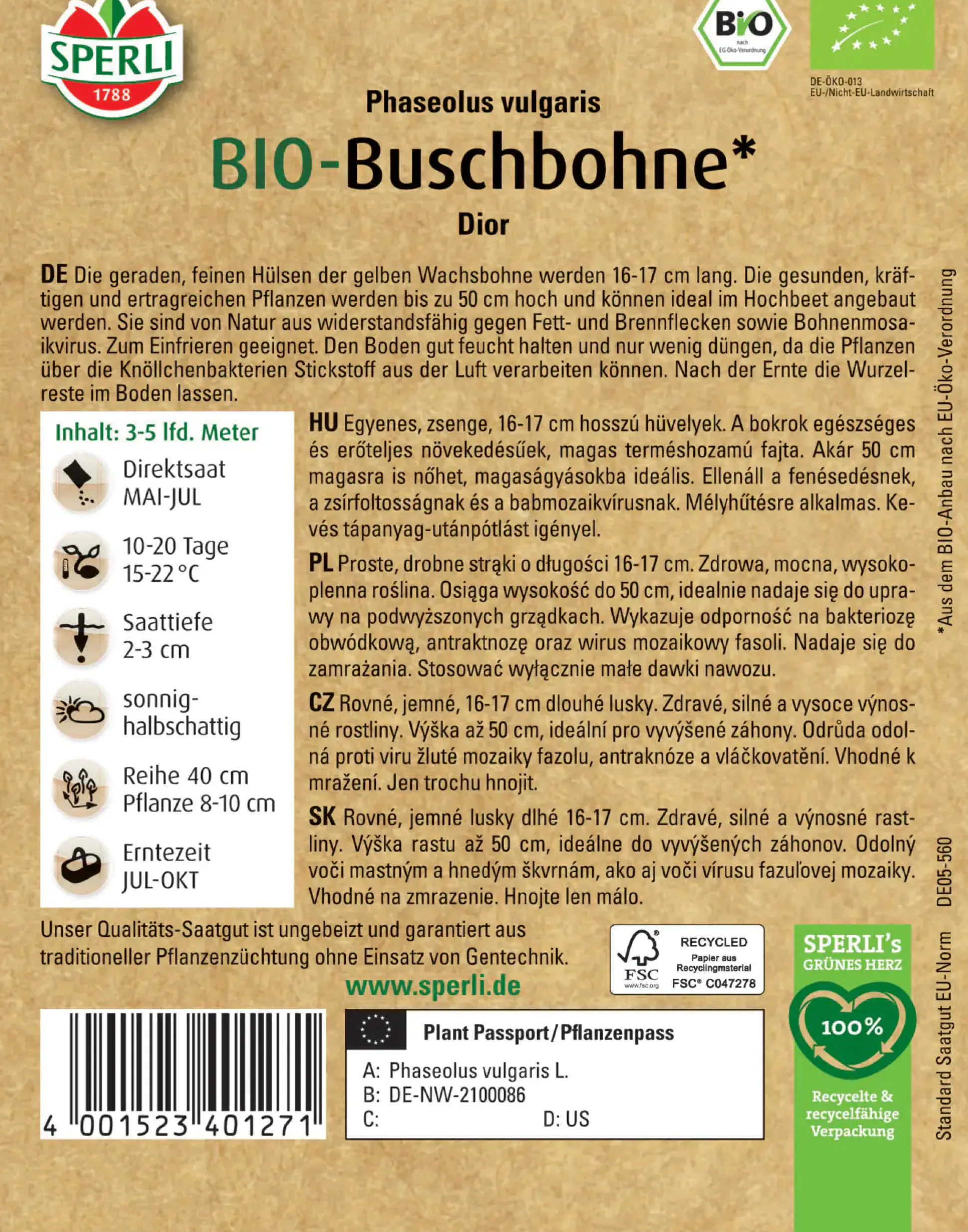 Sperli BIO Buschbohne gelb