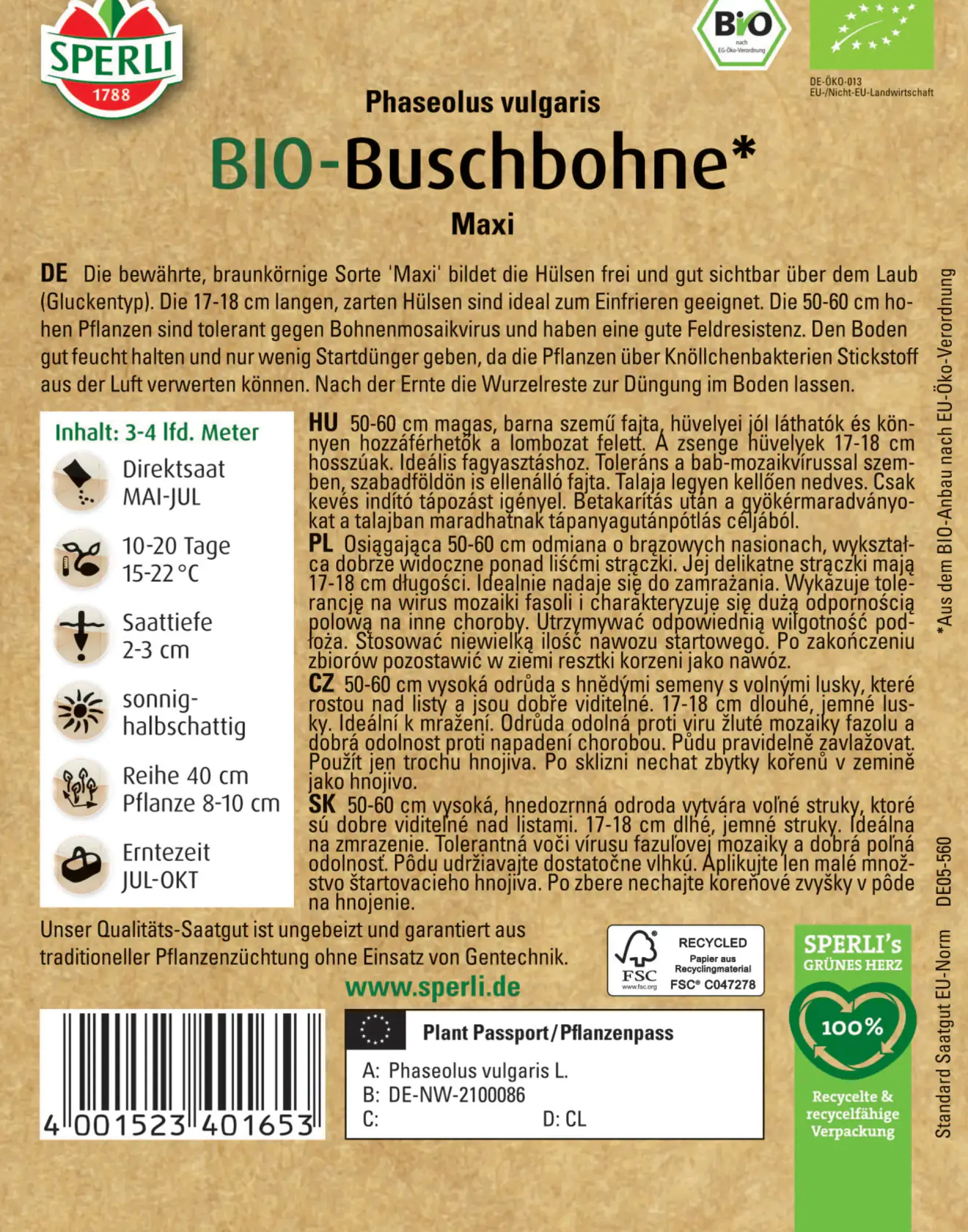 Sperli BIO Buschbohne lang