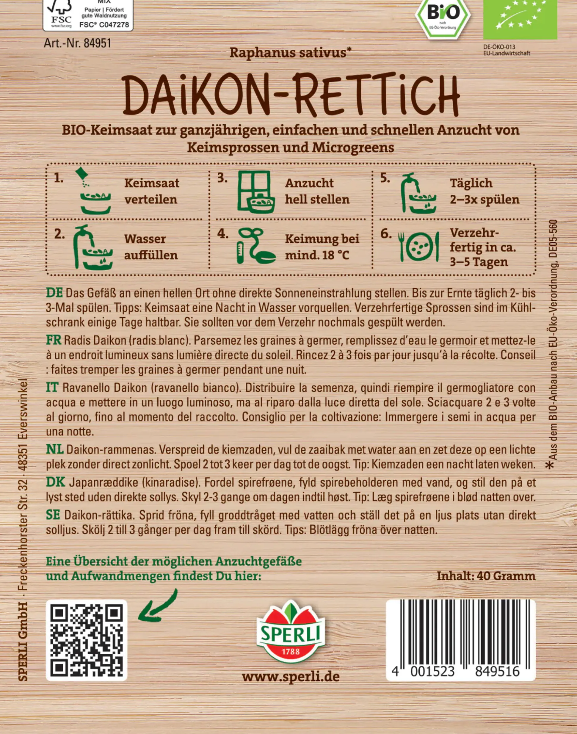 Sperli BIO Keimsprossen-Saat Daikon-Rettich