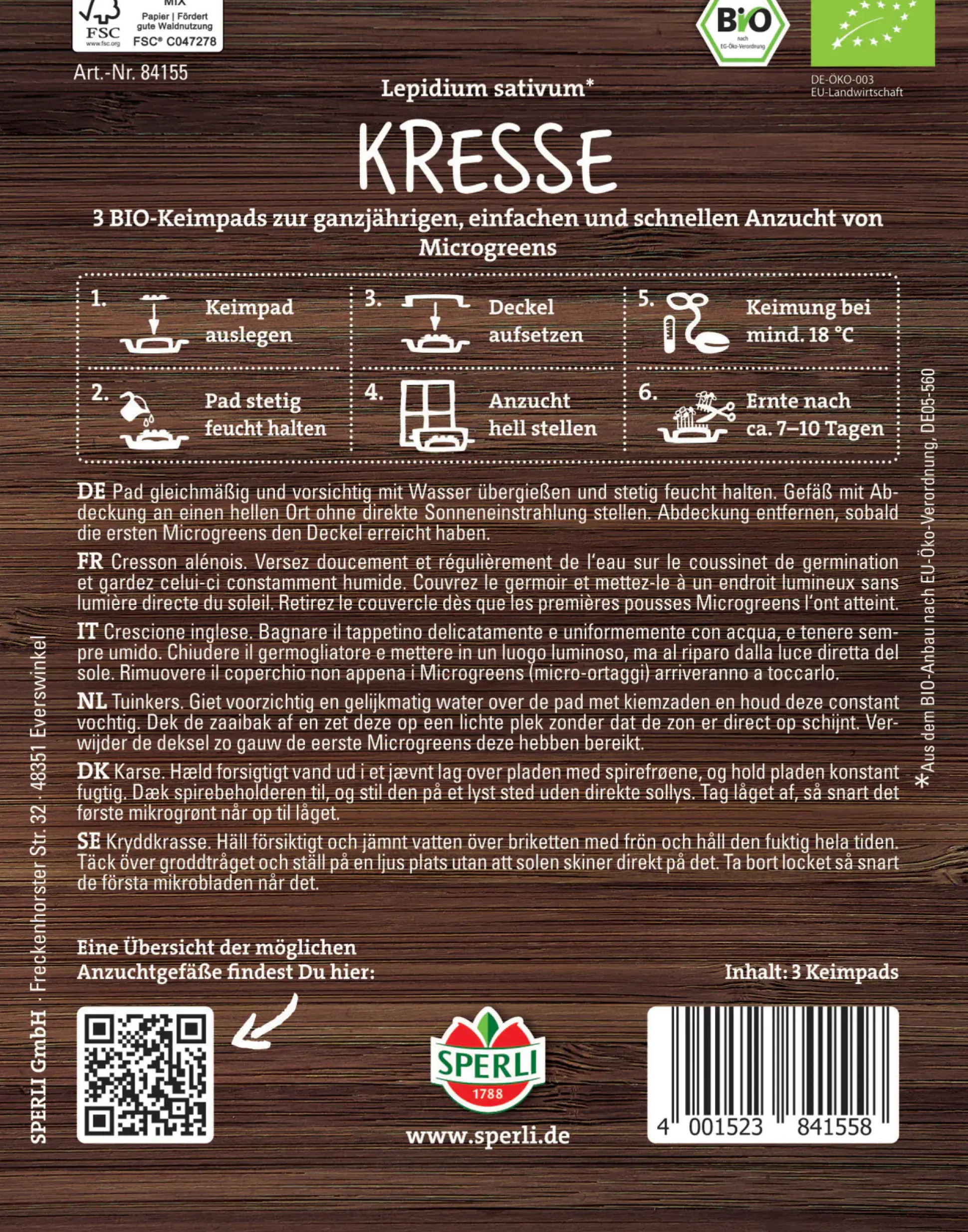 Sperli BIO Microgreen-Pads Kresse