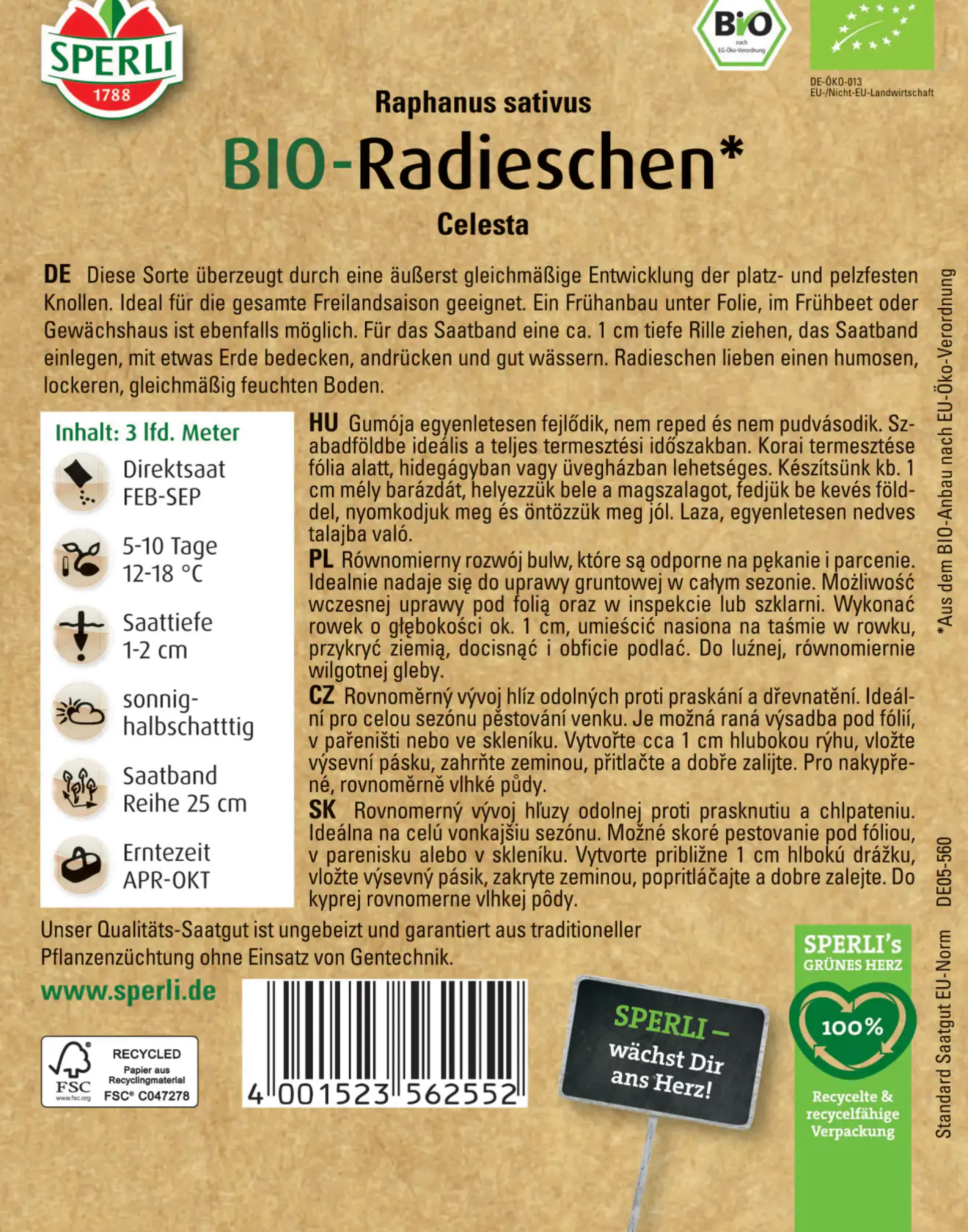 Sperli BIO Radieschen Rudolf Saatband
