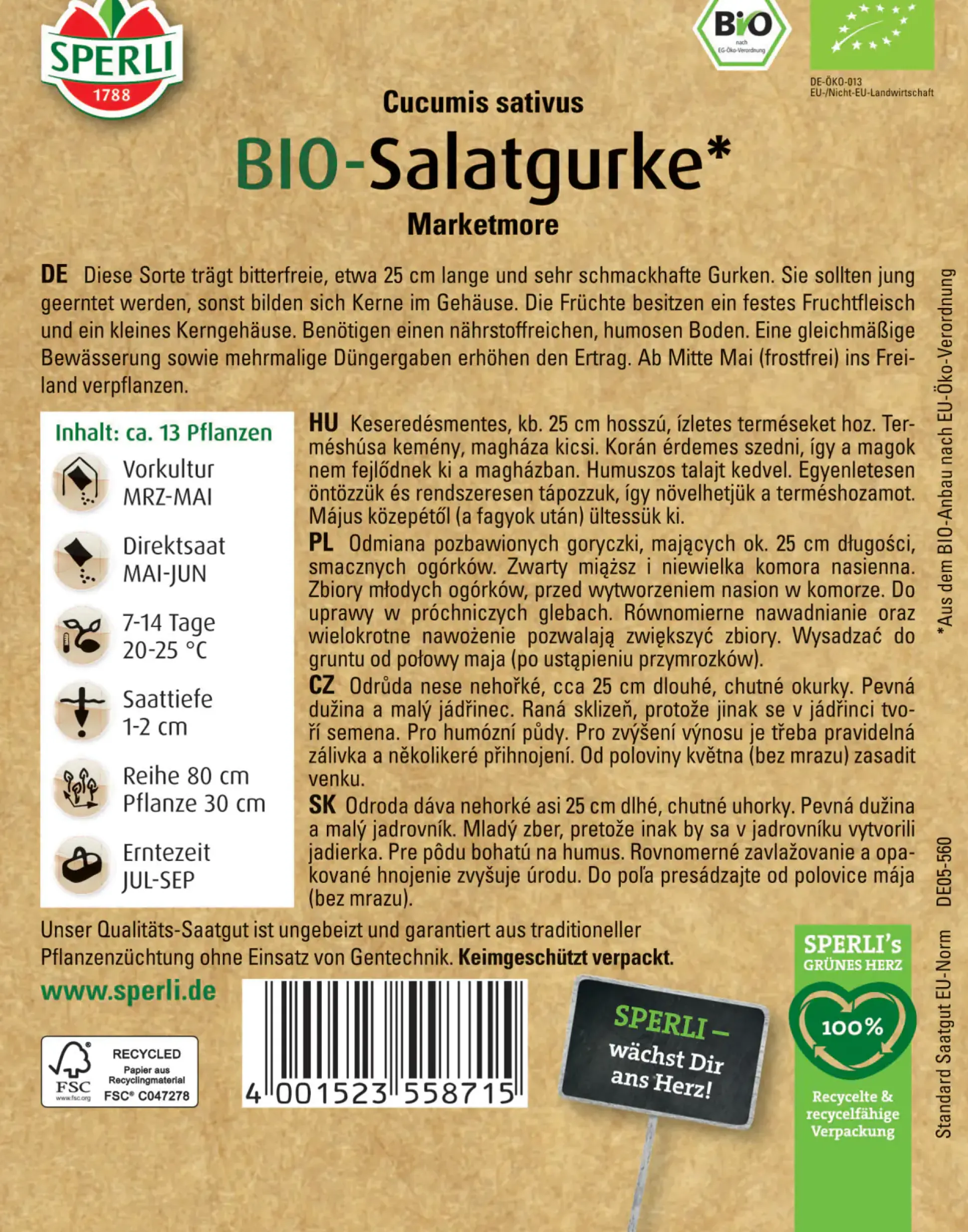 Sperli BIO Salatgurke Marketmore