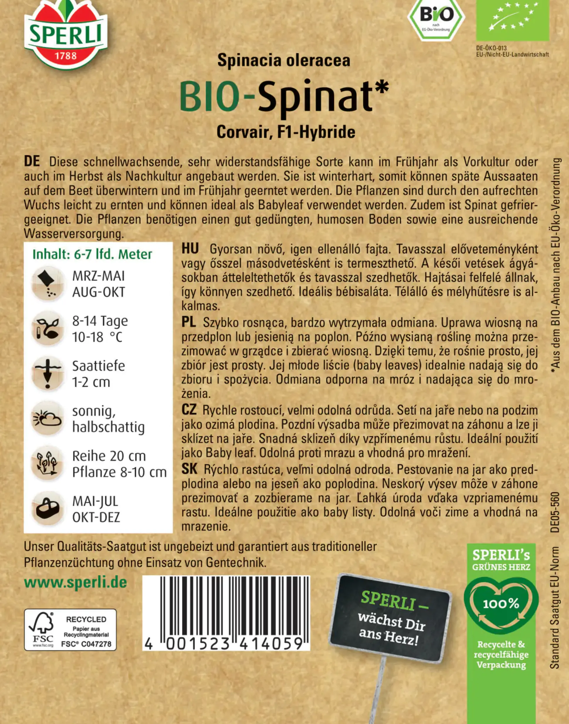 Sperli BIO Spinat