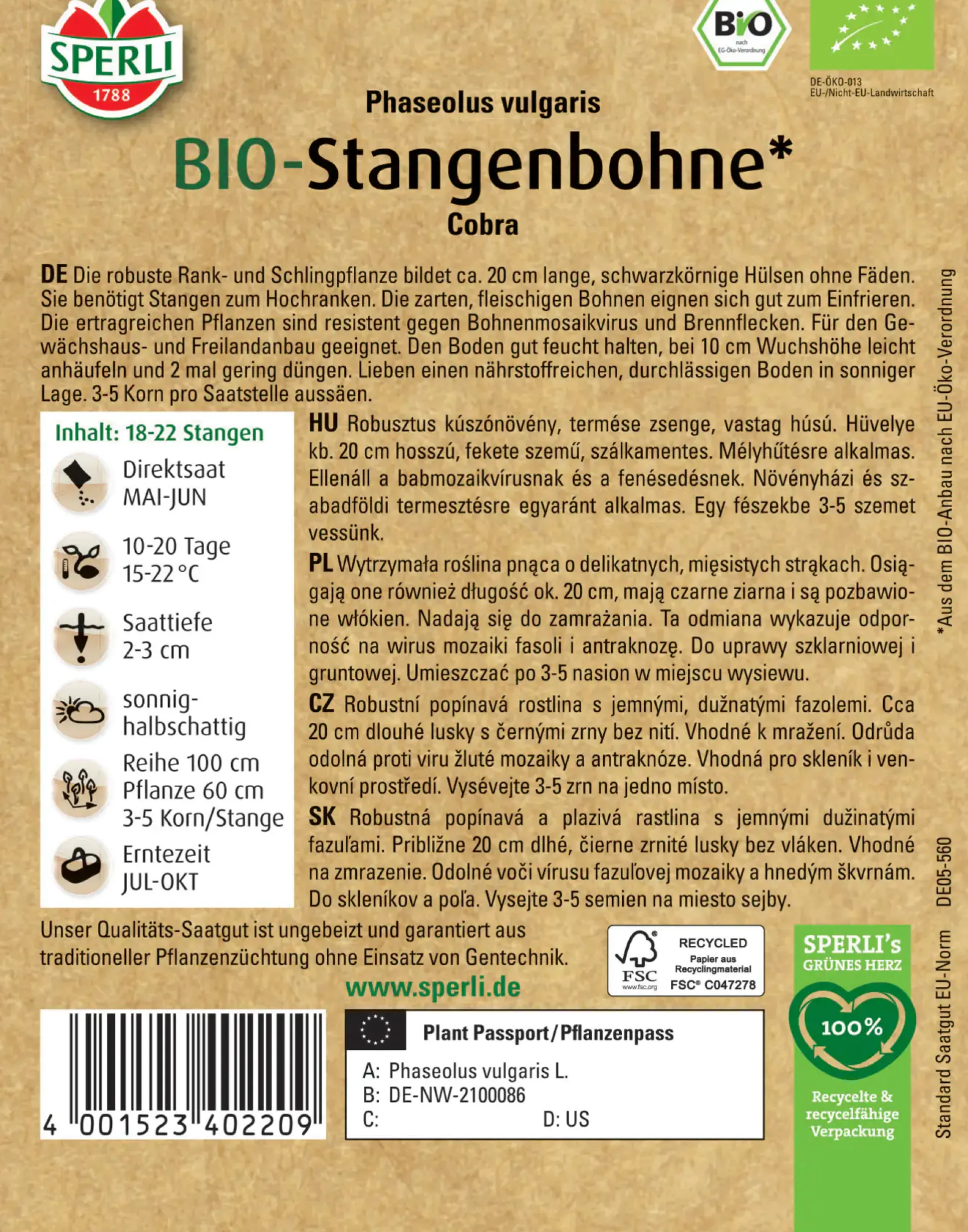 Sperli BIO Stangenbohne
