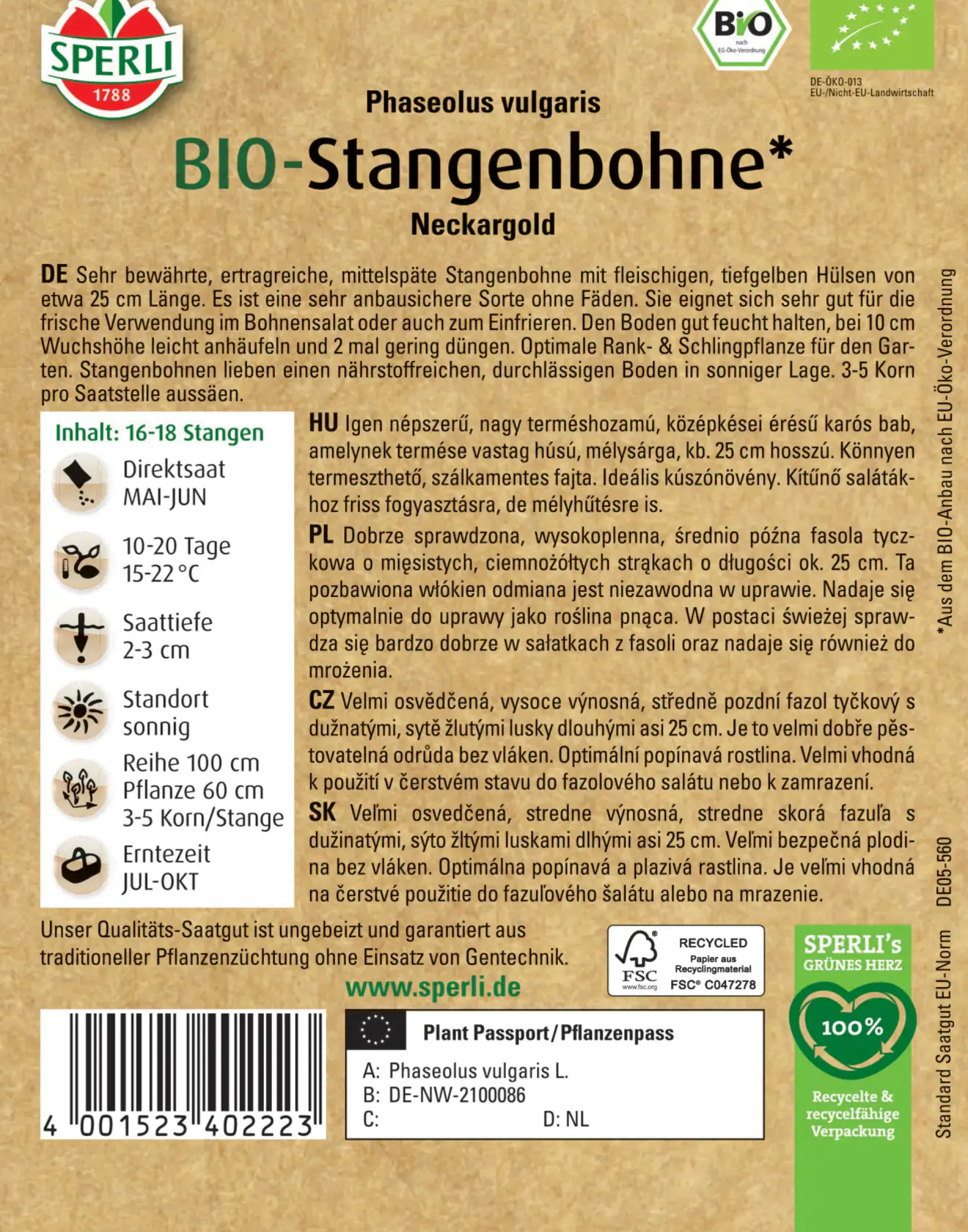 Sperli BIO Stangenbohne gelb