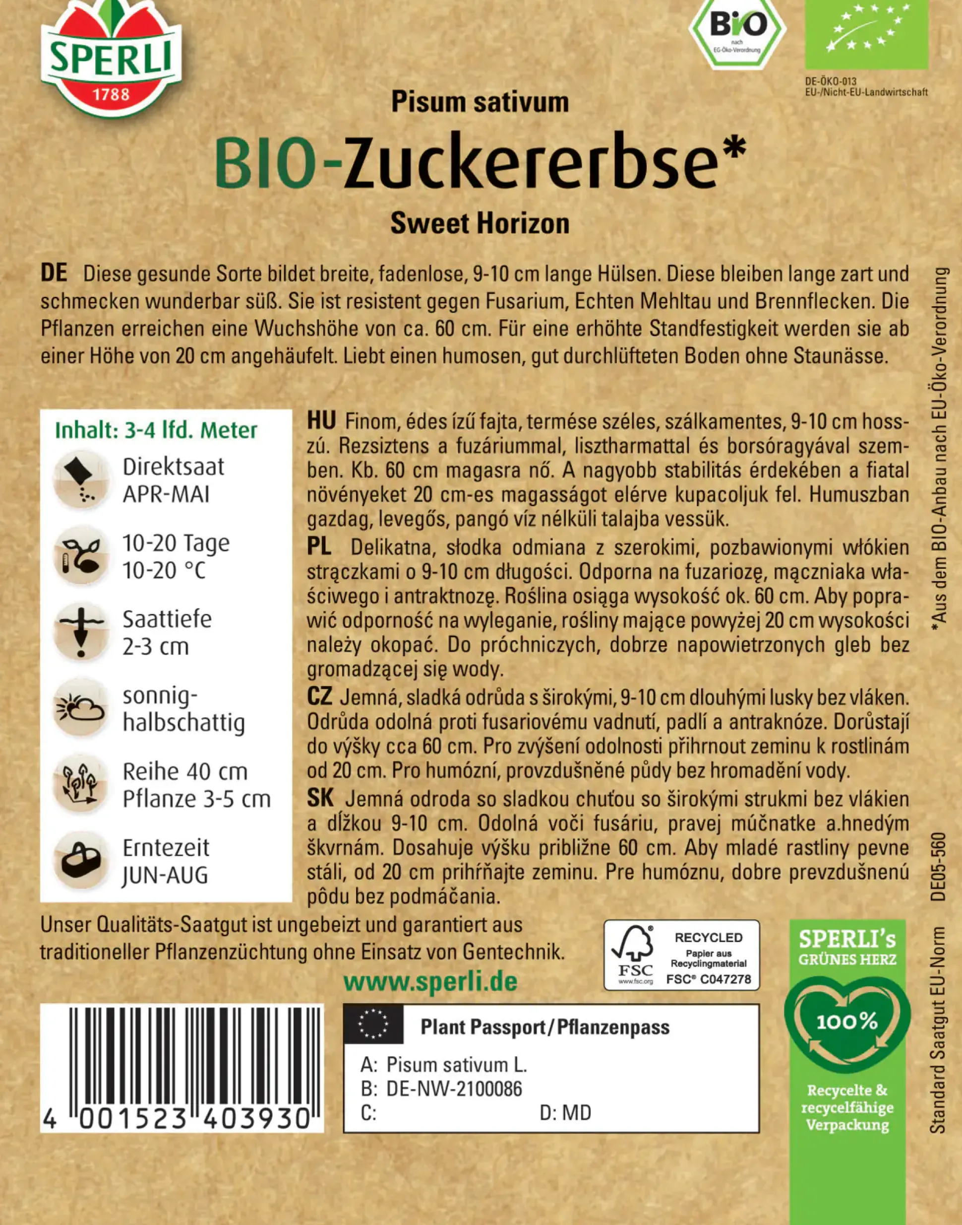 Sperli BIO Zuckererbse