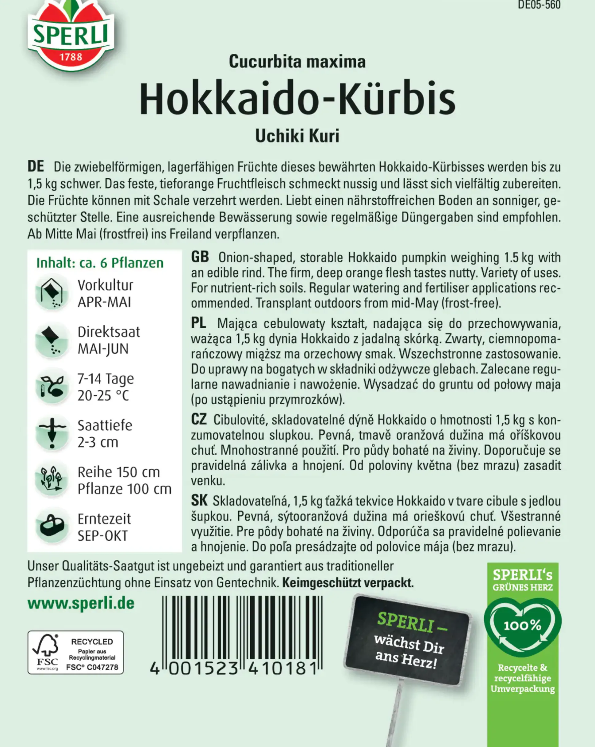 Sperli Hokkaido-Kürbis Uchiki Kuri