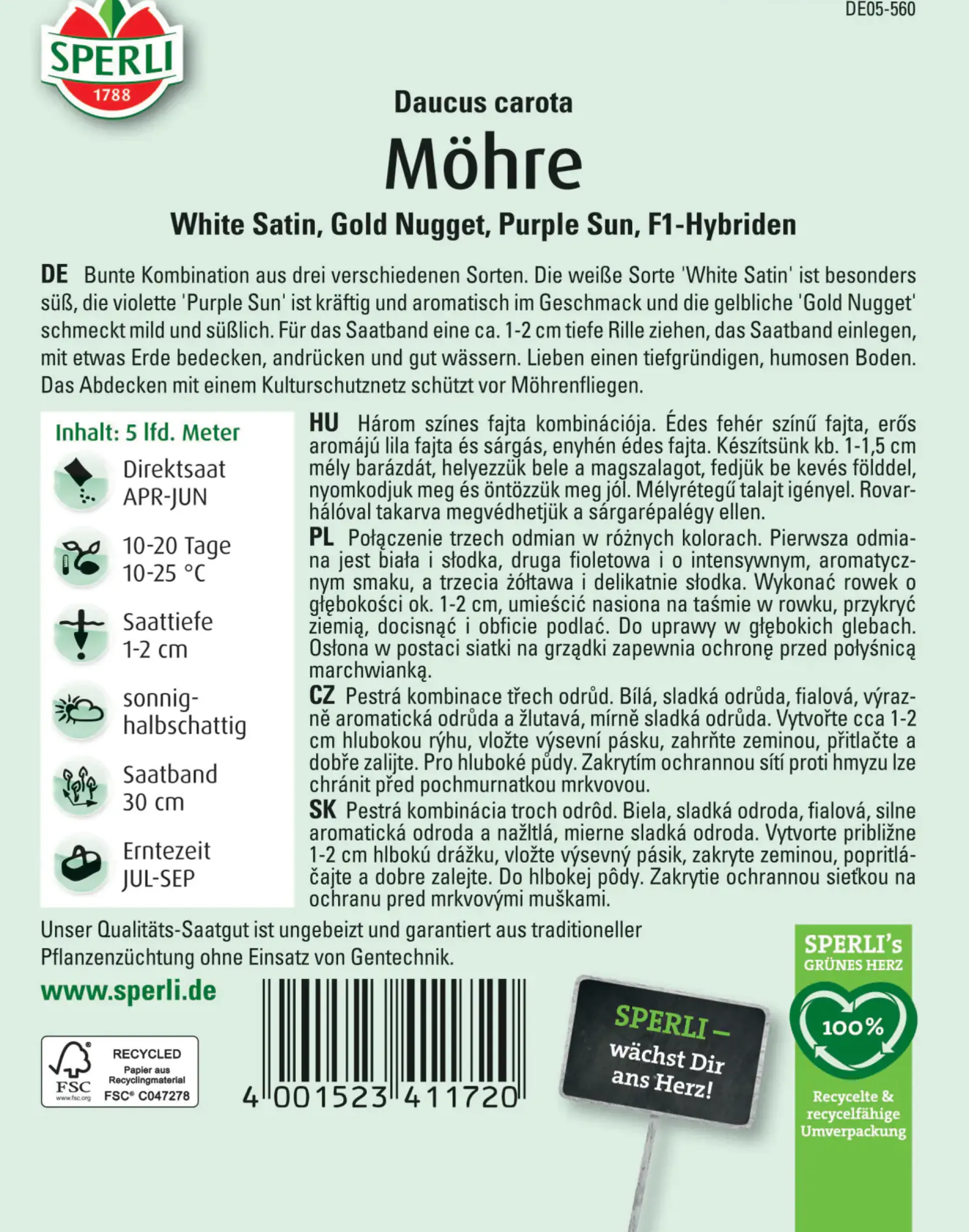 Sperli Möhre White Satin Gold Nugget Purple Sun F1 Saatband