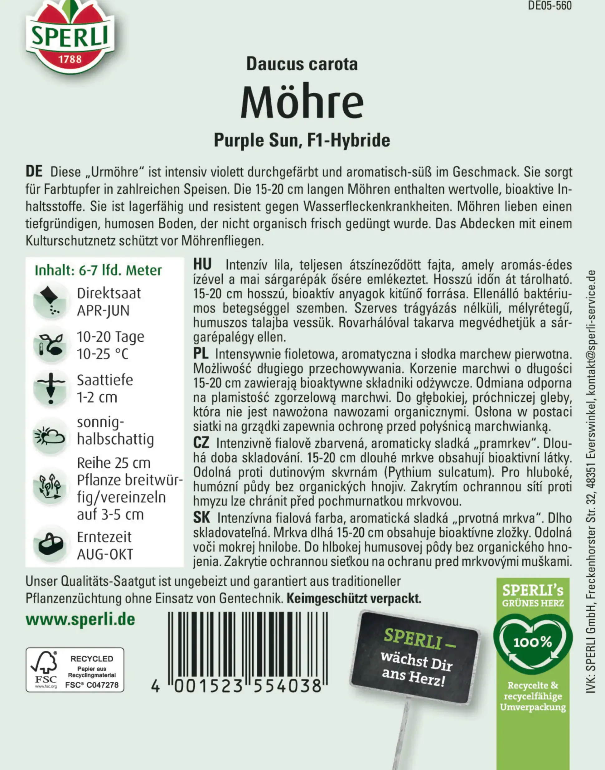 Sperli Saatgut Möhren Purple Sun F1 für ca. 1,5 – 2,1 m²