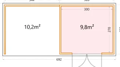 Telluria Gerätehaus Classico Lounge L 3330 links EW weiß 672 x 298 cm
