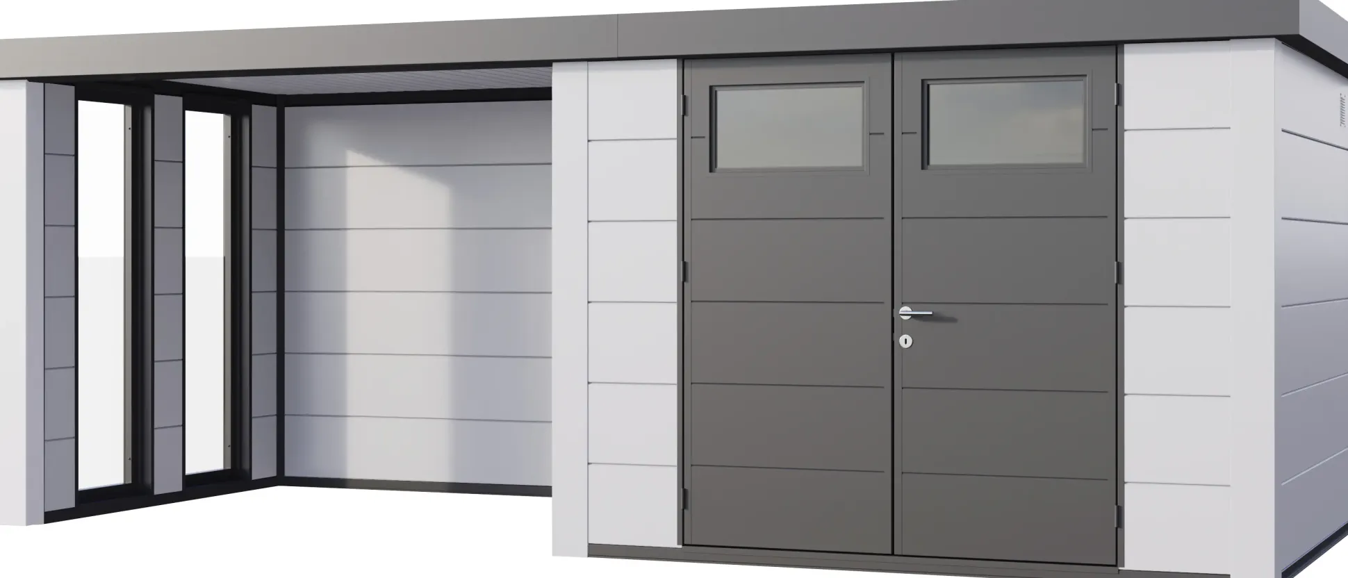 Telluria Gerätehaus Classico Lounge S mit Fenstern 3024 links EW weiß 582 x 238 cm