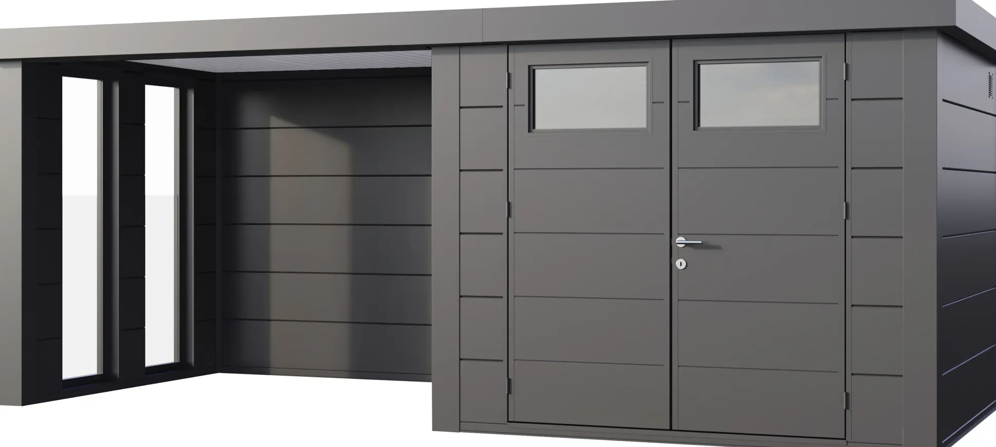 Telluria Gerätehaus Classico Lounge S mit Fenstern 2724 links granitgrau 552 x 238 cm