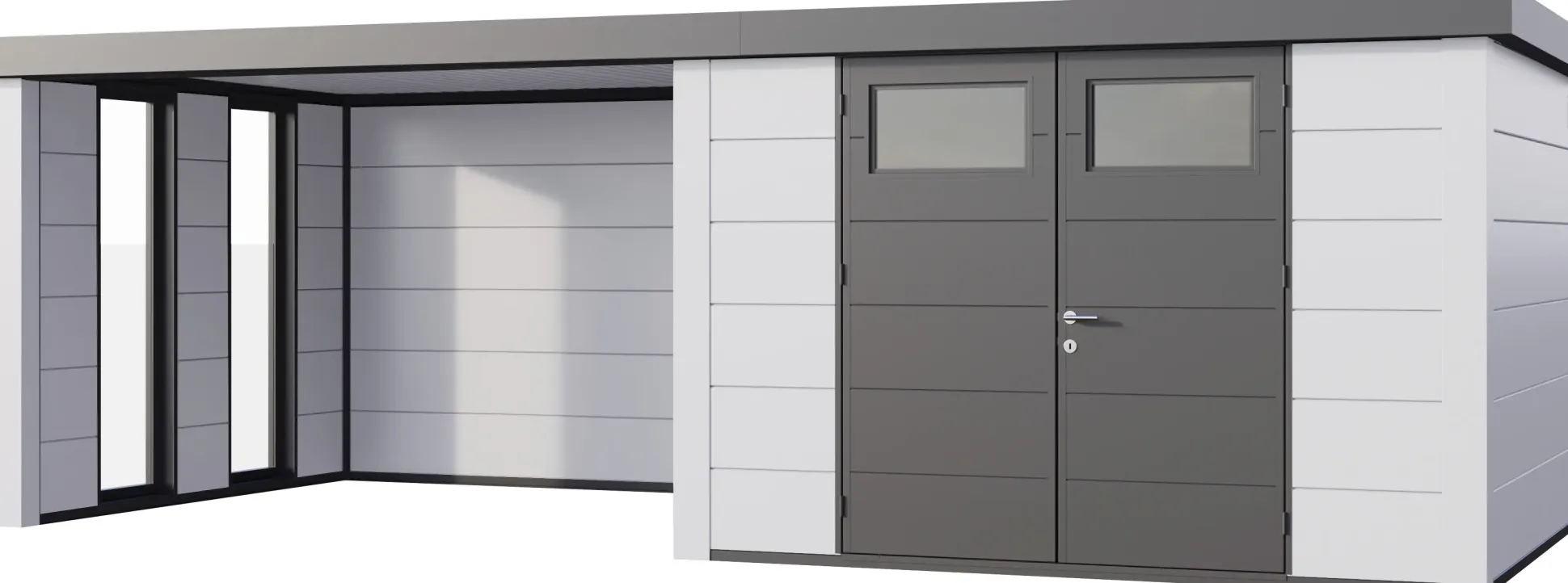Telluria Gerätehaus Classico Lounge L mit Fenstern 3330 links EW weiß 672 x 298 cm