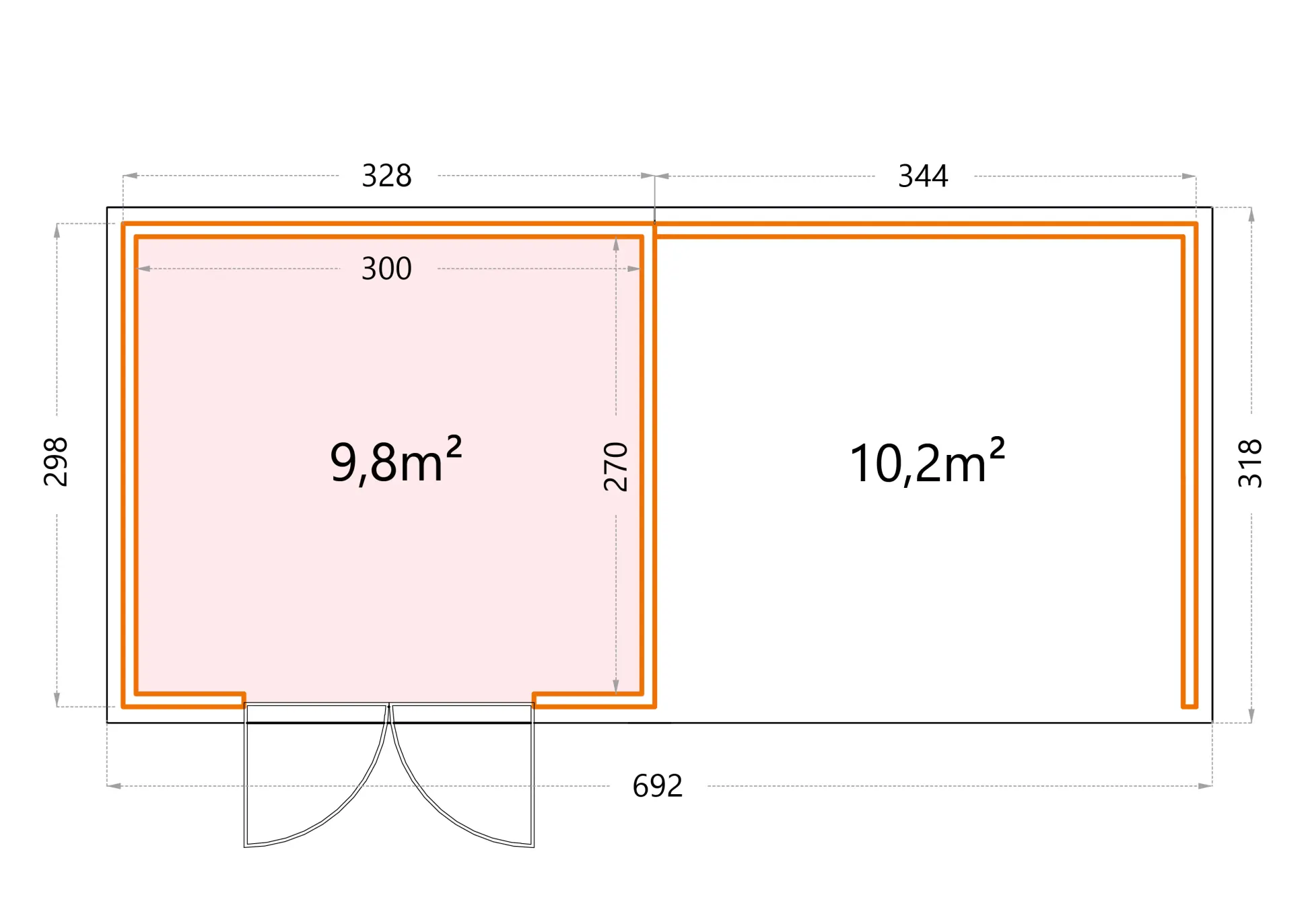 Telluria Gerätehaus Classico Lounge L 3330 rechts EW weiß 672 x 298 cm