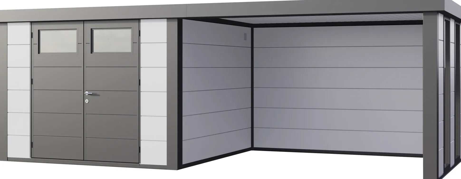 Telluria Gerätehaus Classico Lounge L mit Fenstern 3030 rechts weiß 642 x 298 cm