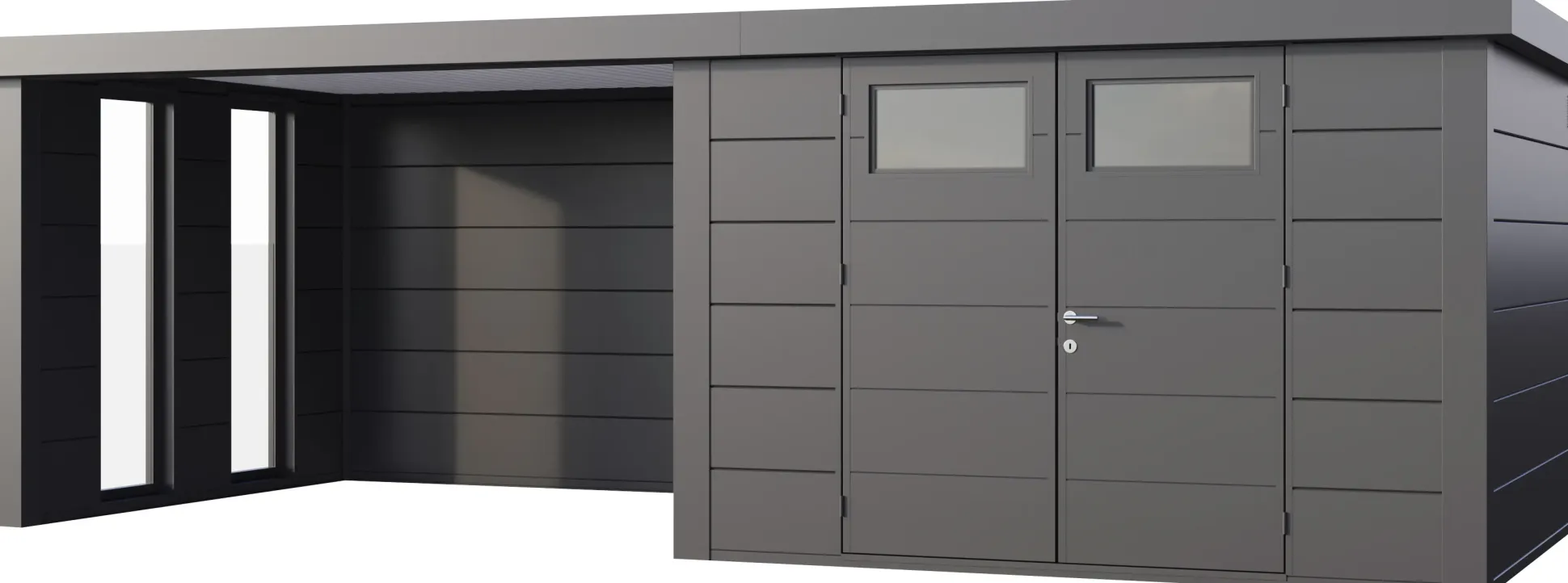 Telluria Gerätehaus Classico Lounge L mit Fenstern 3330 links granitgrau 672 x 298 cm