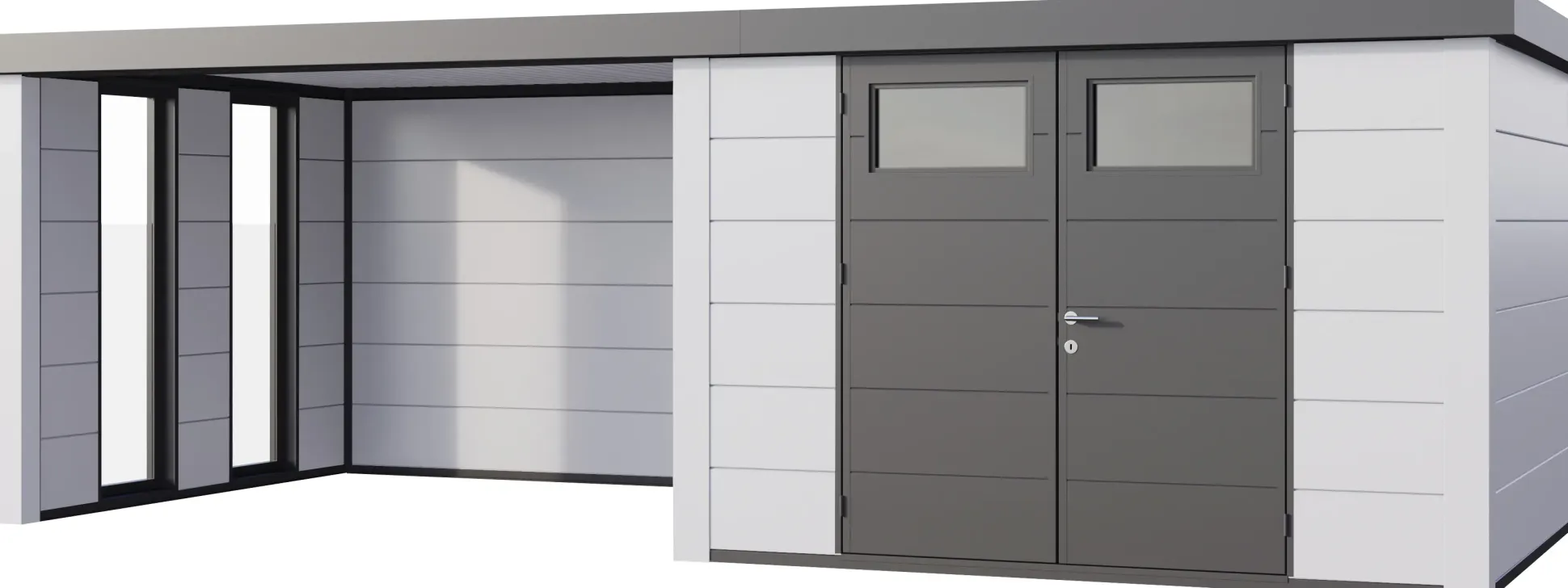 Telluria Gerätehaus Classico Lounge L mit Fenstern 3030 links EW weiß 642 x 298 cm