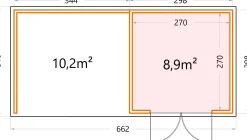 Telluria Gerätehaus Classico Lounge L 3030 links EW weiß 642 x 298 cm