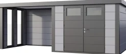 Telluria Gerätehaus Classico Lounge S mit Fenstern 3024 links lichtgrau 582 x 238 cm
