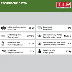 T.I.P. Solar-Teichpumpe SPS 250-6 Max. Fördermenge: 250 l/h, 3 W