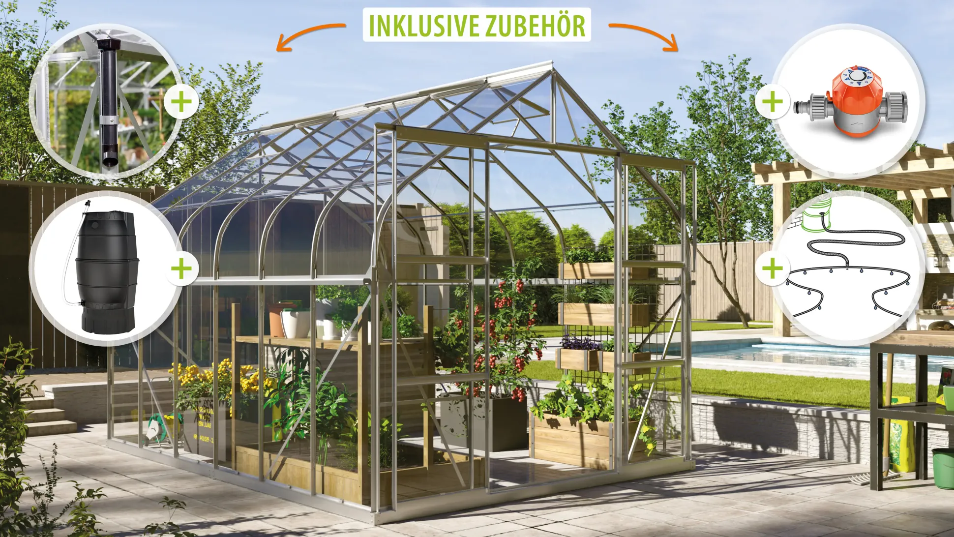 Vitavia Gewächshaus-Set Dione 9900 ESG 3 mm alu 254 x 379 cm