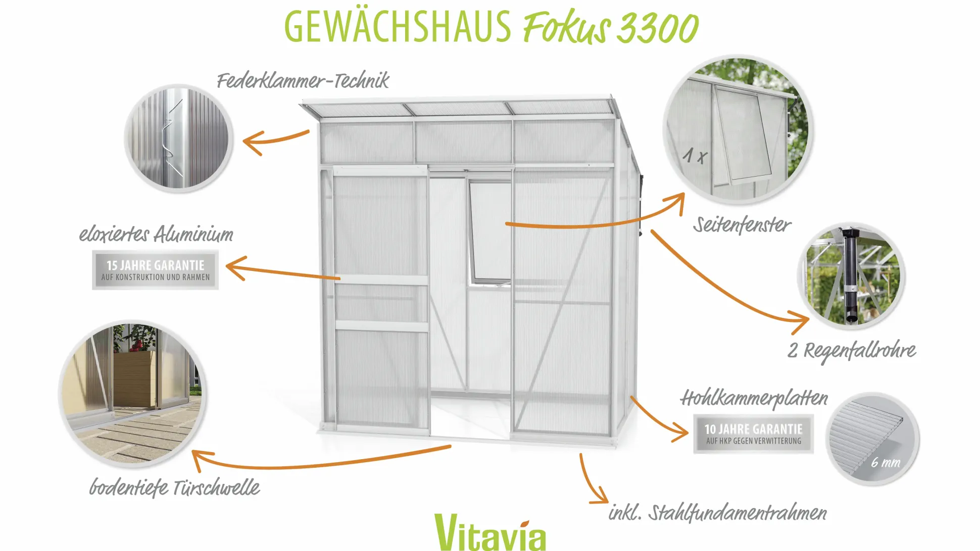 Vitavia Gewächshaus-Set Fokus 3250 HKP 6 mm alu 192 x 130 cm