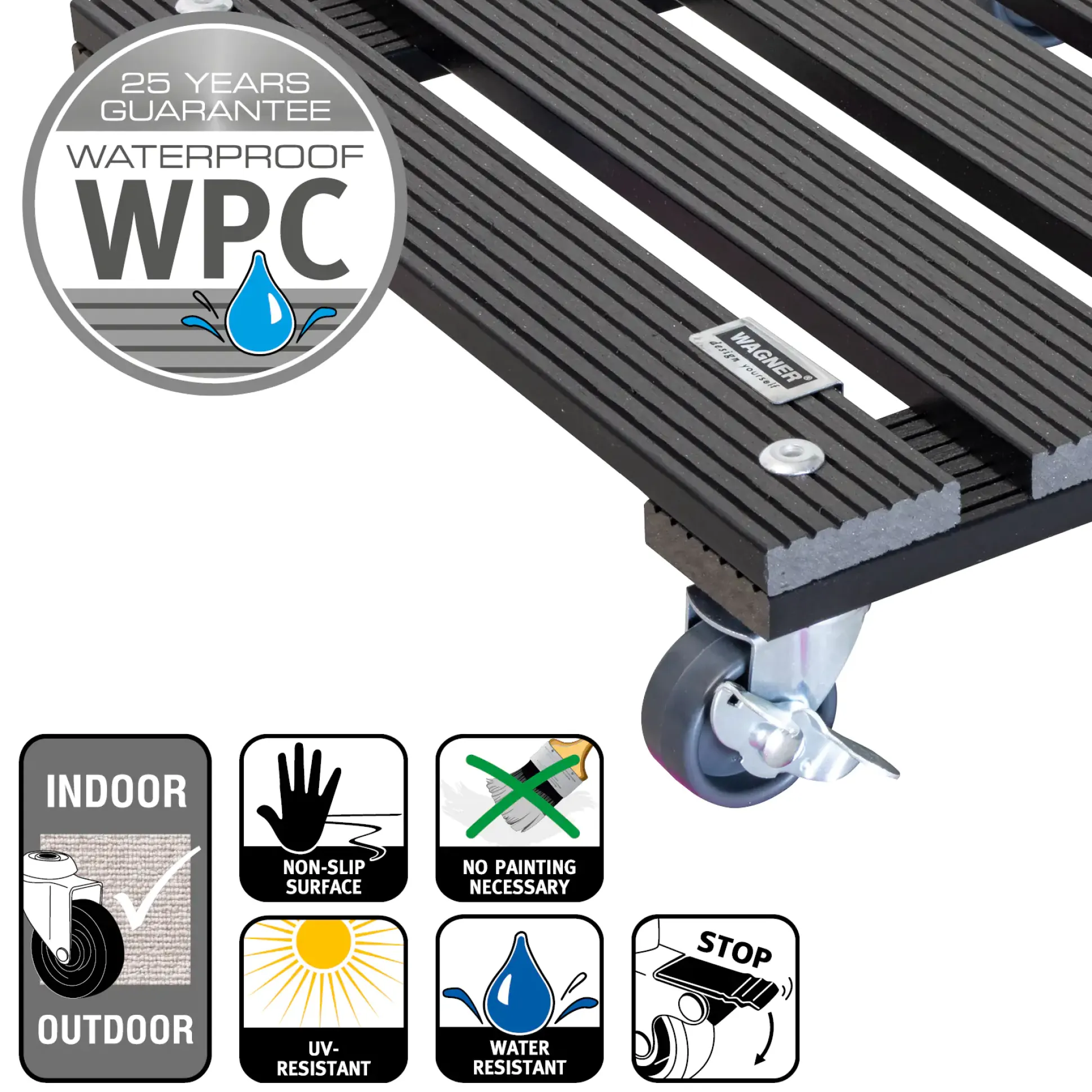 WAGNER Pflanzenroller WPC eckig 29 x 29 cm Tragkraft bis max. 80 kg